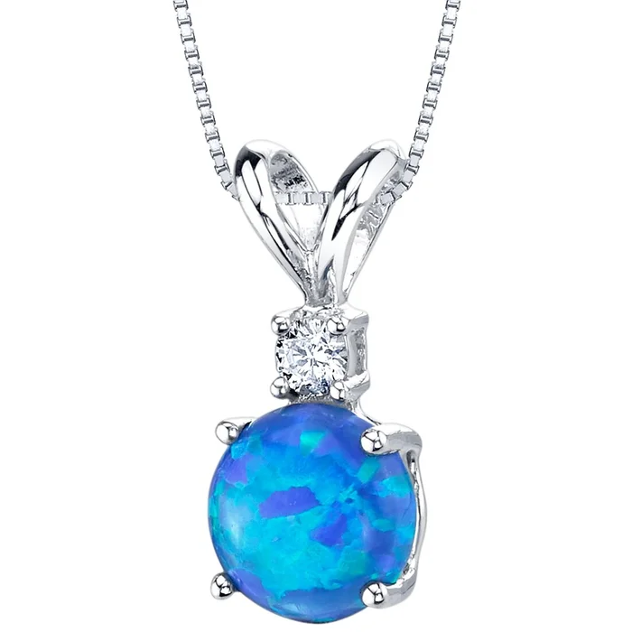 0.5 ct Round Created Opal and Diamond Pendant in 14k White Gold
