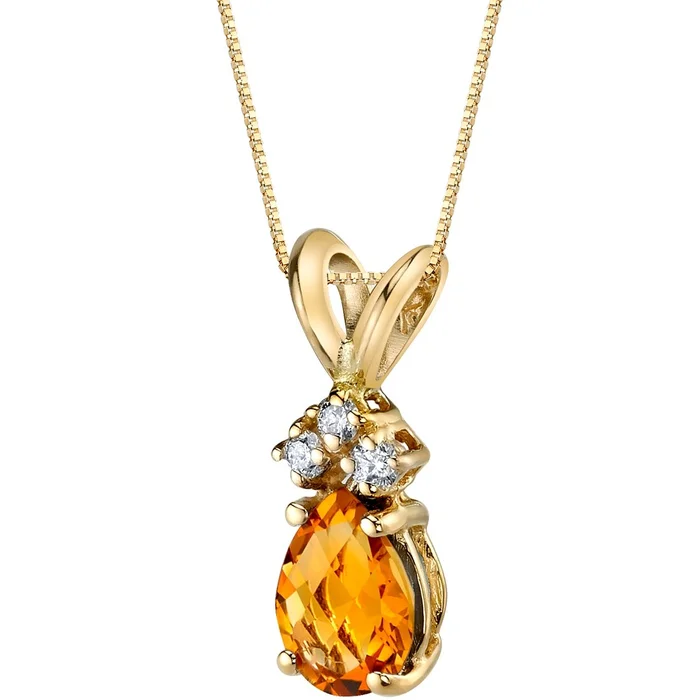 0.75 ct Pear Shape Citrine and Diamond Pendant in 14k Yellow Gold