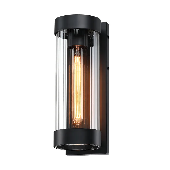 1-Light 13 inch Outdoor Wall Light with Matte Black Finish with Clear Glass Cylinder Shade