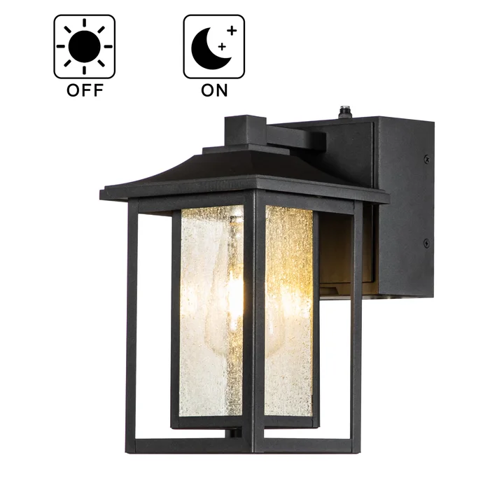 1 Light Black Dusk to Dawn Sensor Glass Outdoor Wall Sconces Built-in GFCI Outlets – W 6.3″