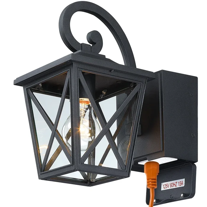 1-Light Black Outdoor Wall Sconce Light with with Built-In GFCI Outlets