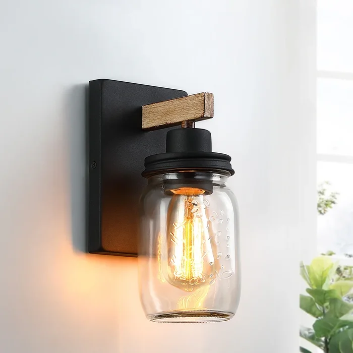 1-Light Black/Wood Tone Rustic Farmhouse Wall Sconce with Clear Mason Jar Glass Shade – 10″H x 4.7″W x 5.4″D