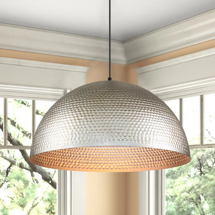 1-Light Industrial Antique Silver Hammered Oversized Dome Pendant Light for Kitchen Island – 23.6 in. W x 11.8 in. H