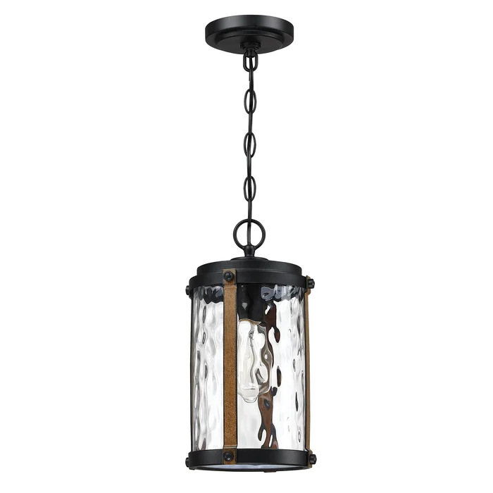 1-Light Matte Black and Barnwood Accents Outdoor Hanging Pendant Light