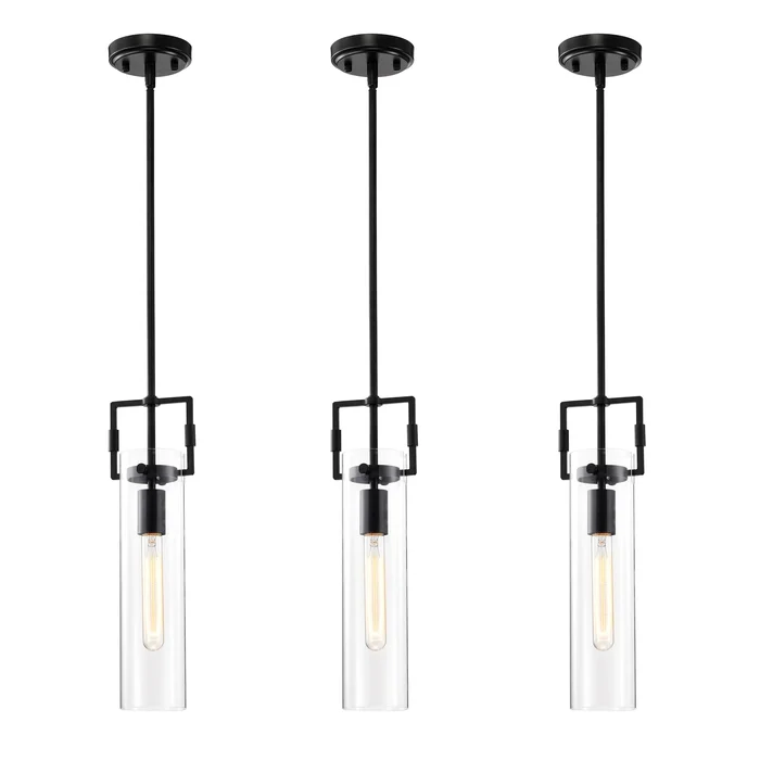 1-Light Matte Black Mini Pendant with Clear Cylindrical Glass Shade