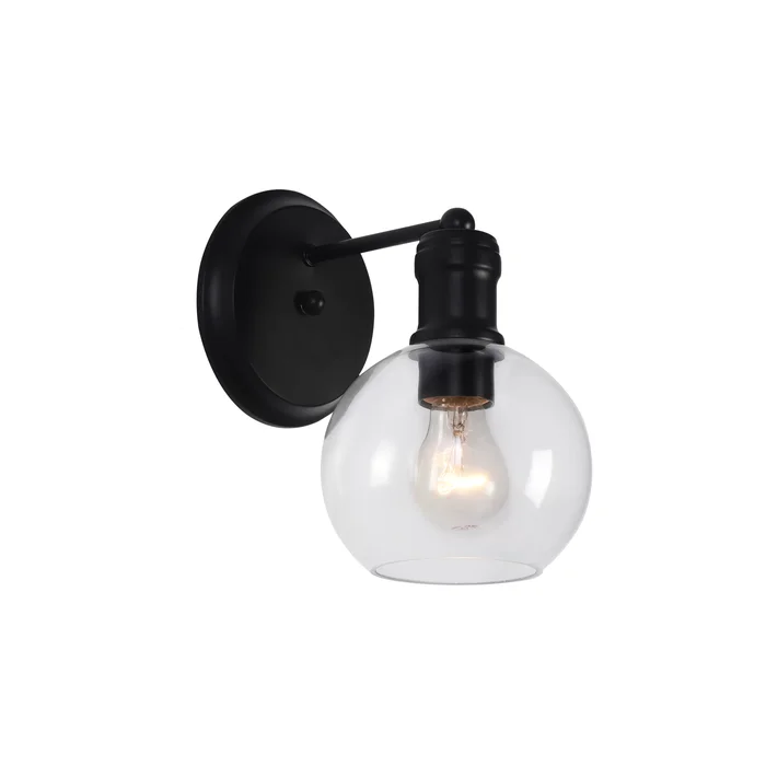 1-light Matte Black Wall Sconce w/ Clear Globe Glass