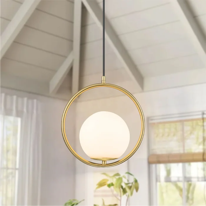 1-Light Modern Gold Frosted Opal Glass Globe Bubble Pendant Kitchen Island Lighting – 9.84 in. W x 90 in. H