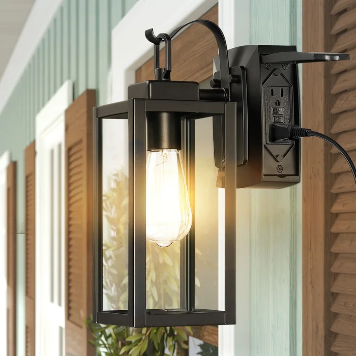 1-Light Outdoor Wall Lantern with Built-In GFCI Outlets – Matte Black