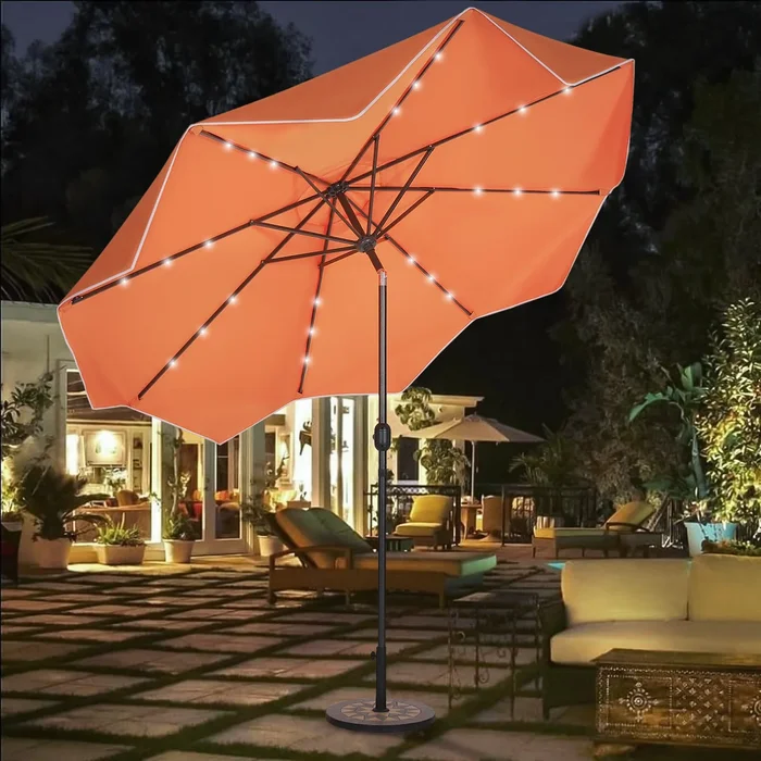 10Ft Patio Ruffled Edge Umbrella Auto-Tilt Crank Umbrella with LED Lights