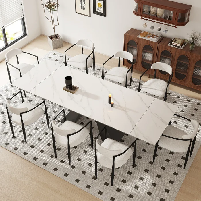110.24 Inch Modern Minimalist 9 – Piece Extendable Sintered Stone Top Double Pedestal Dining Set