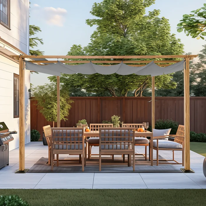 12 ft. x 12 ft. Wood Grain Aluminum Outdoor Pergola with Retractable Shade Canopy