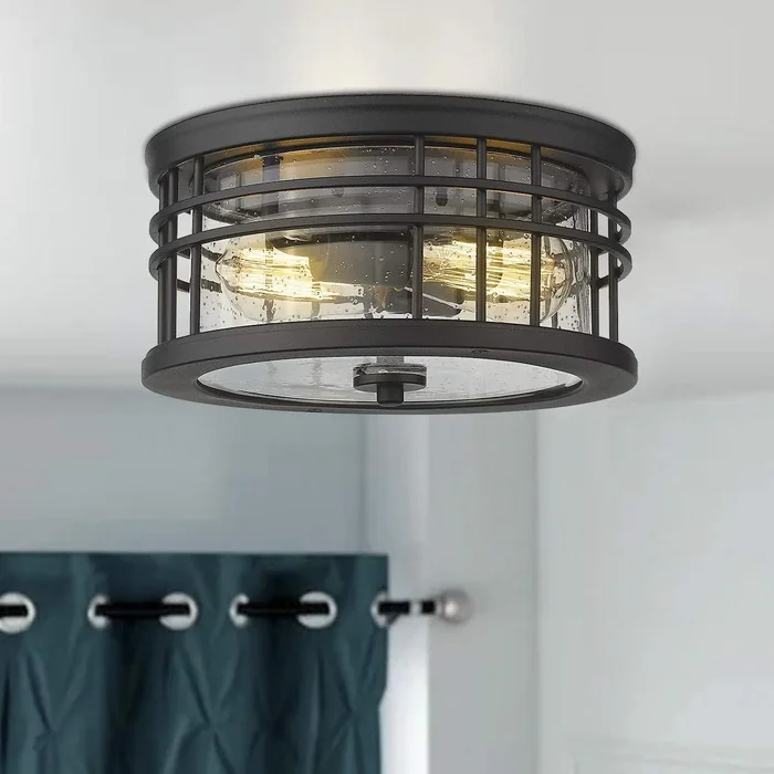 12 Inch 2-Light Seeded Glass Black Finish Flush Mount Ceiling Light