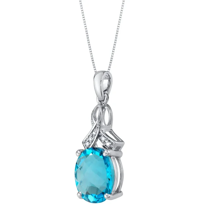 14k White Gold 4 ct Swiss Blue Topaz and Diamond Oval Pendant