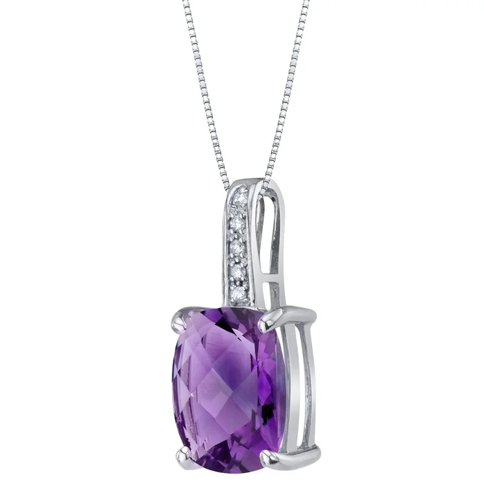 14k White Gold Genuine Amethyst and Diamond Cushion Cut Cosmo Pendant 2.50 cts