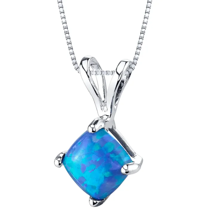 14k White Gold Gold Cushion Cut Created Blue Opal Pendant