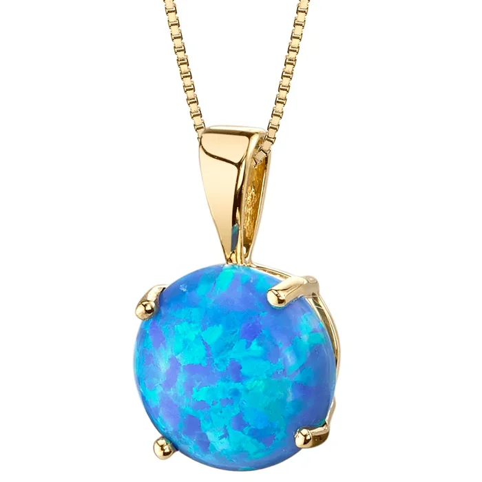 14k Yellow Gold Gold Created Blue Opal Solitaire Pendant