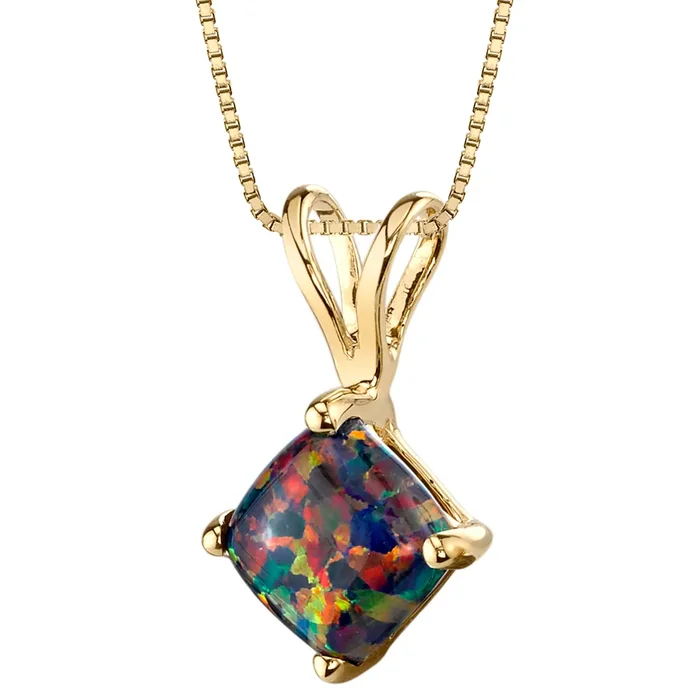 14k Yellow Gold Gold Cushion Cut Created Black Opal Pendant