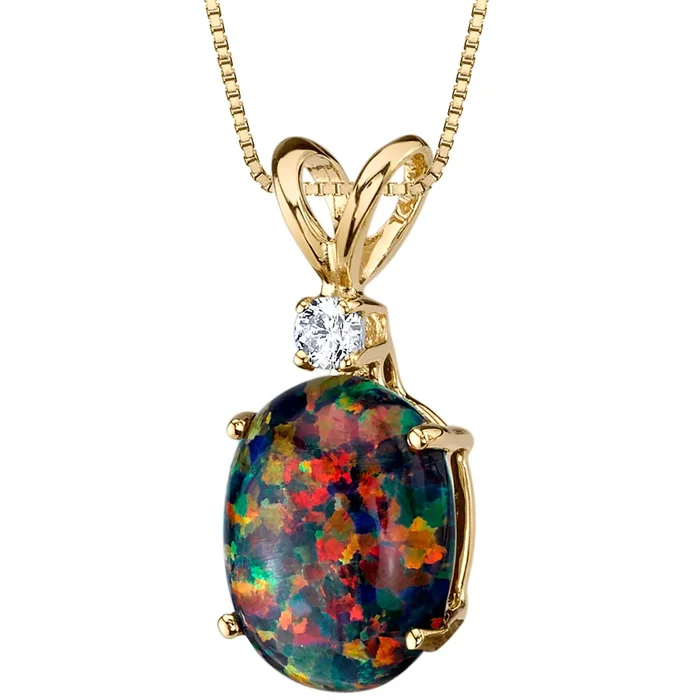 14k Yellow Gold Gold Oval Shape Created Black Opal Diamond Pendant