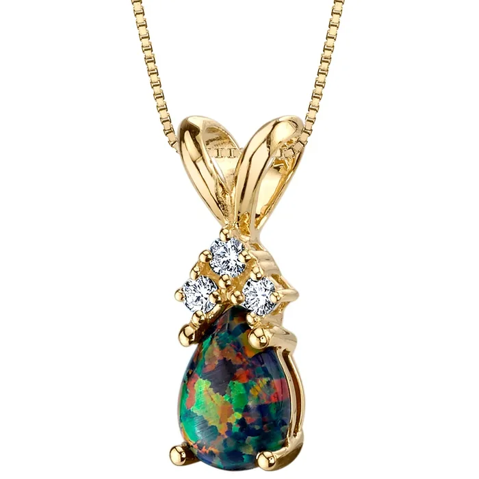 14k Yellow Gold Gold Pear Shape Created Black Opal Diamond Pendant