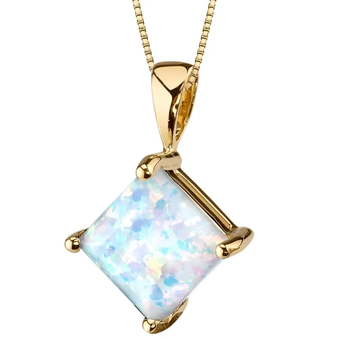 14k Yellow Gold Gold Princess Cut Created Opal Pendant