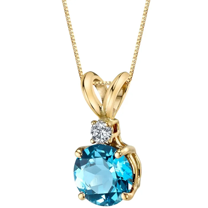 14k Yellow Gold Round Cut 1.25 cts Swiss Blue Topaz Diamond Pendant