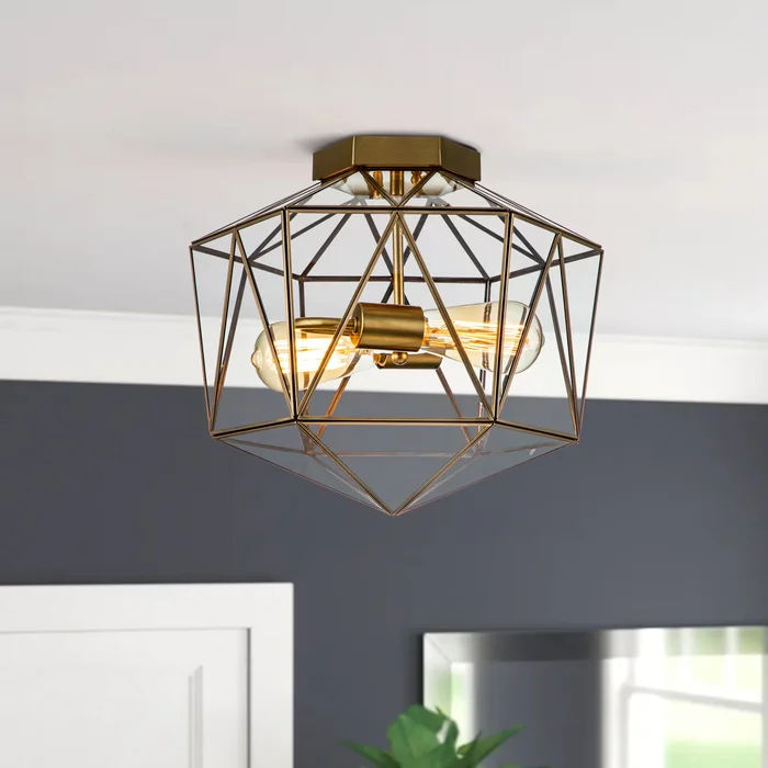 2-Light Brass Copper Flush Mount with Clear Tempered Glass