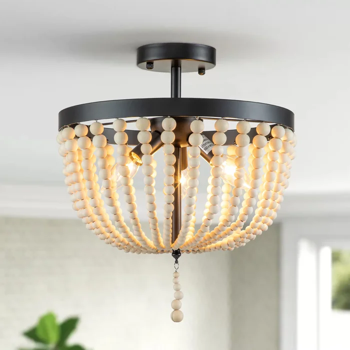 3-Light Black Finish Natural Wood Beaded Semi Flush Mount