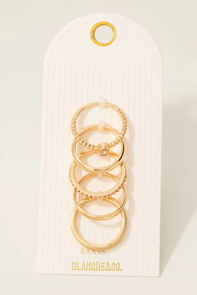 5 Piece Mixed Pave Band Rings Set: Gold