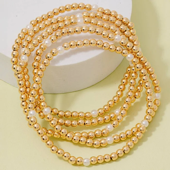 5 Piece Pearl And Metallic Beaded Bracelet Set: Gold