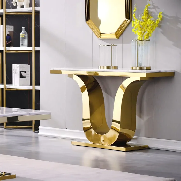 50 inch Luxury Console Table Rectangle Living Room White Sofa Entryway Table with Stainless Steel U Base