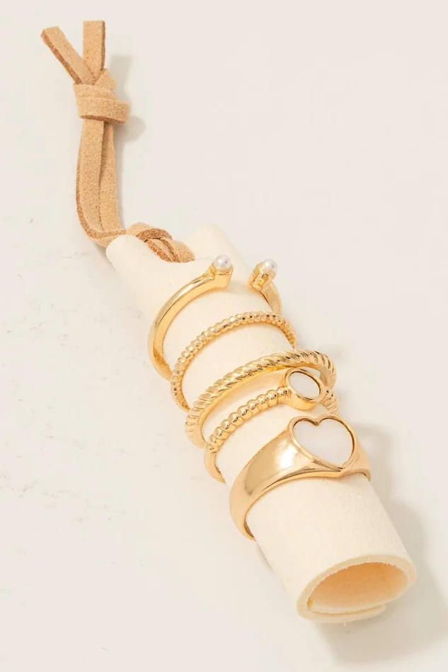 5Pc Heart And Pearl Band Rings Set: GDCRM