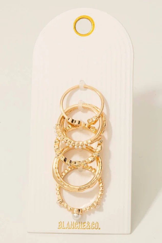 7Pc Pearl And Cz Studs Band Rings Set: GCL