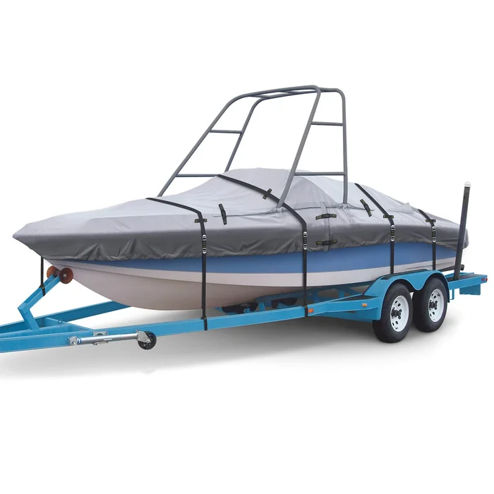 900D Ski & Wakeboard Tower Boat Cover, Waterproof Fade and Tear Resistant Boat Cover, Full Metal Fittings Trailerable Boat Covers Fits V-Hull,Runabout with Ski/Wakeboard Towers