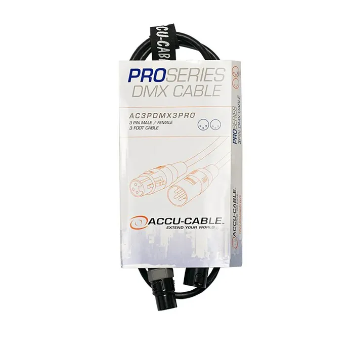 Accu-Cable AC3PDMX3PRO, 3-Pin Male to 3-Pin Female DMX Cable – 3 Ft