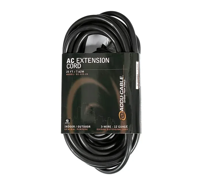 Accu-Cable EC123, 12 AWG 3-Wire Edison AC Extension Cord – 25 Ft, 50 Ft, 100 Ft