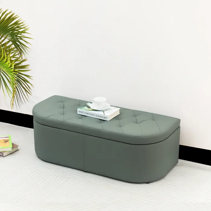 Adeco Button Tufted Storage Ottoman Faux Leather Bench