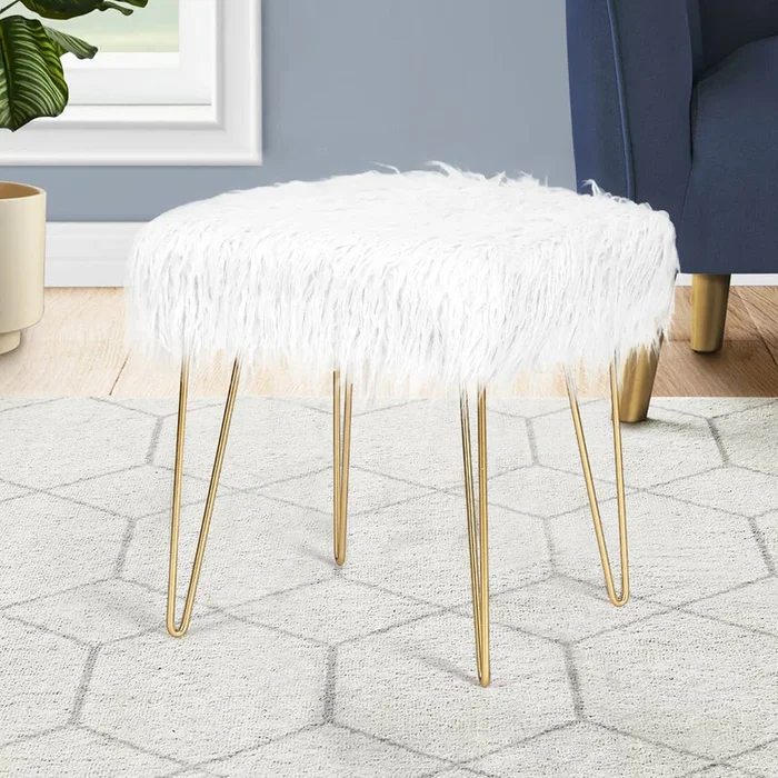 Adeco Faux Ottoman Vanity Stool with Metal Legs for Bedroom