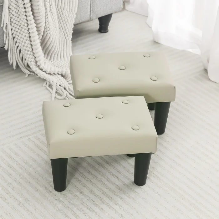 Adeco Set of 2 Button Tufted Footrest Ottoman Faux Leather Foot Stools