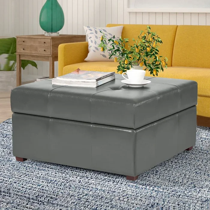 ADECO Storage Ottoman Square Bench Tufted Footrest for Living Room
