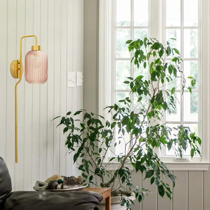 Adrienne River of Goods Pink Glass and Metal Retro Wall Sconce – 5.375″ x 8.625″ x 32.25″