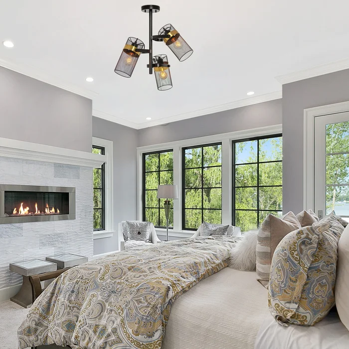 Alan River of Goods 21 in. 3-Light Black Painted Metal Ceiling Light with Black Mesh Drum Shades – 15″ x 15″ x 21″