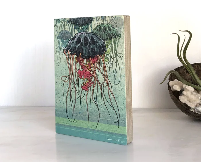 Art Block (Wood) – Jellyfish Coastal 4×6″
