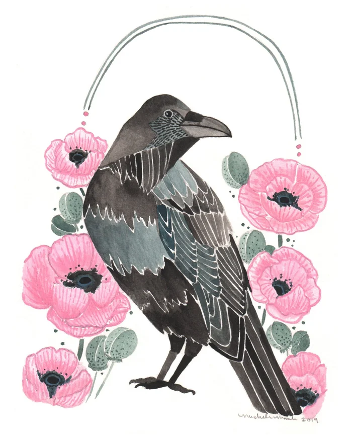 Art Print – Crow And Poppies 8” x 10”