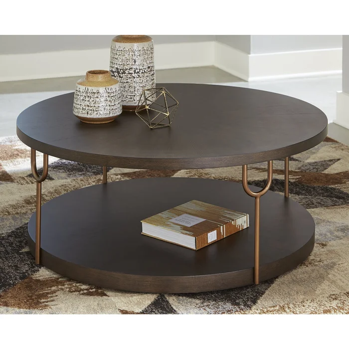 Ashley Furniture Brazburn Dark Brown/Gold Finish Round Cocktail Table – 42″W x 42″D x 17″H