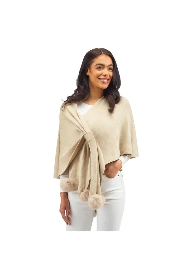 Asymetric Shawl with Faux Fur Pom Ends