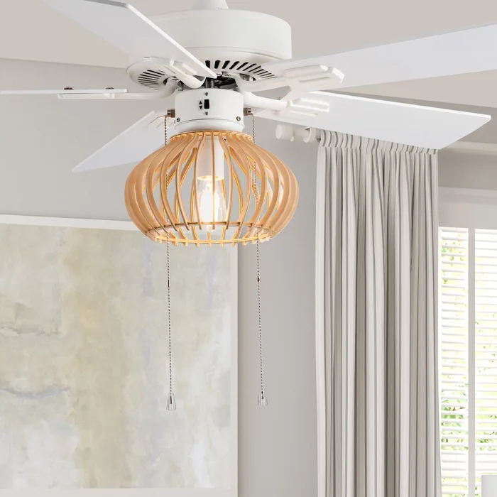 Avalon River of Goods White and Tan Wood Caged Ceiling Fan with Light – 42″ x 42″ x 15″/20″