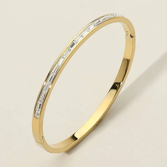 Baguette Stone Hinged Bangle Bracelet: Yellow Gold