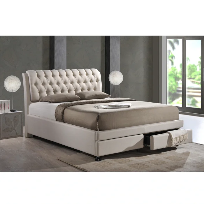 Baxton Studio Ainge Contemporary Button-tufted Light Beige Fabric Upholstered 2-drawer Storage Bed