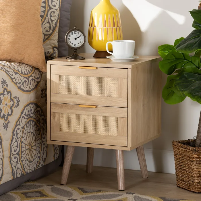 Baxton Studio Baird Mid-Century Modern Light Oak Brown Finished Wood and Rattan 2-Drawer End Table
