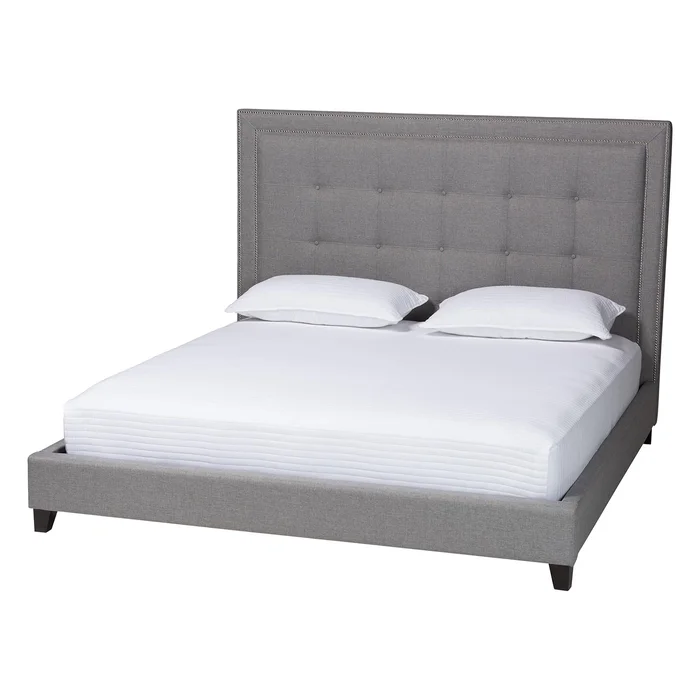 Baxton Studio Hirst Grey Linen Bed with Upholstered Headboard